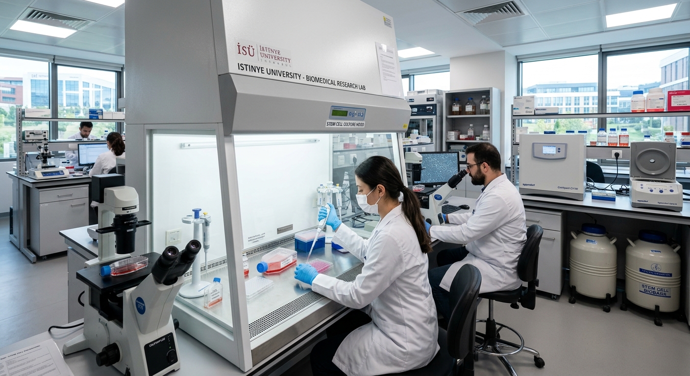 Modern biomedical research laboratory at Istinye University Istanbul campus, researchers in white lab coats working with stem cell cultures under sterile hoods, microscopes and tissue engineering equipment visible, bright clinical lighting