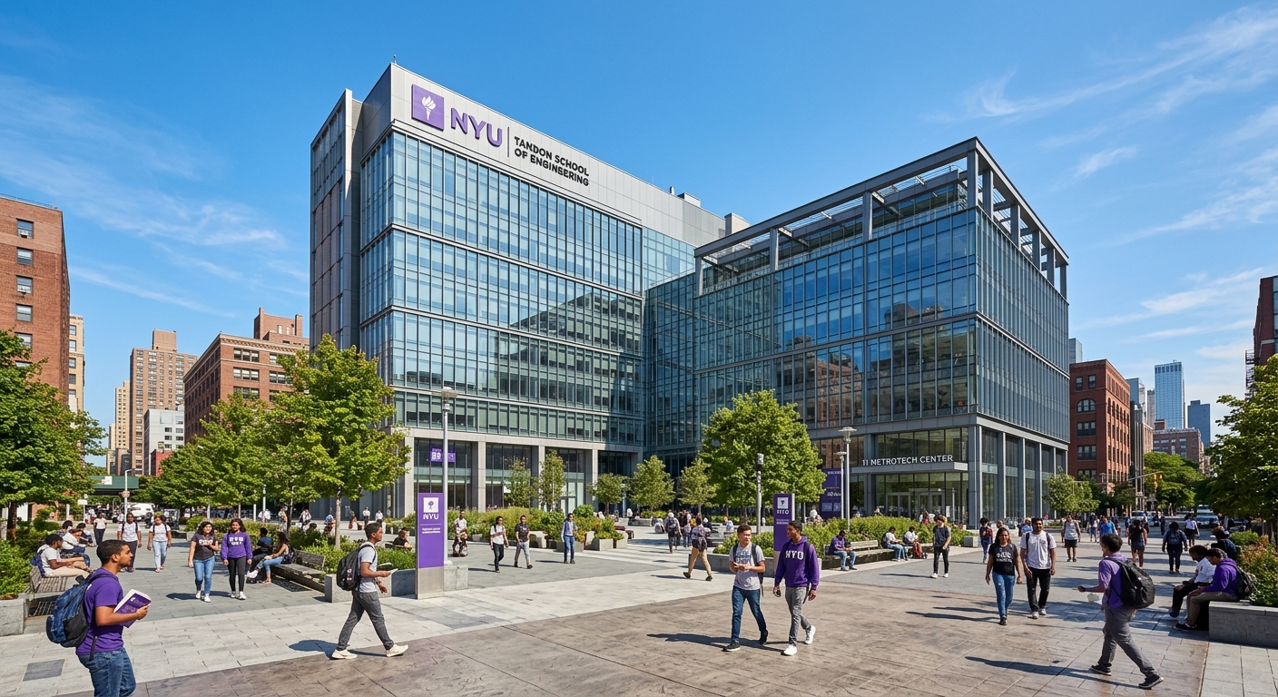 NYU Tandon School of Engineering at MetroTech Center in Brooklyn, modern glass and steel academic buildings, urban plaza with students, clear blue sky