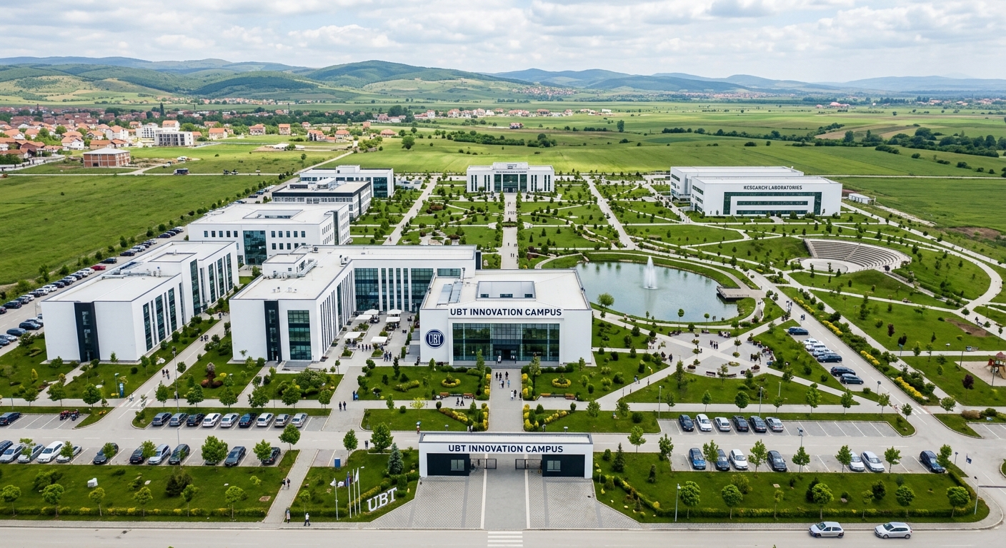 UBT Innovation Campus Lipjan Kosovo, large modern science and technology park, white contemporary buildings, research laboratories, landscaped grounds