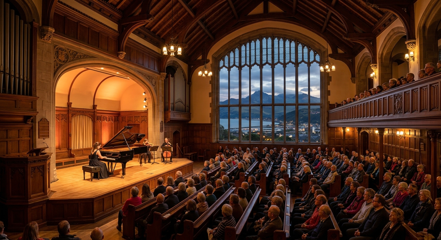 Historic Powis Hall concert venue at Bangor University with grand piano on stage, warm lighting, and wooden interior, set against the backdrop of the Snowdonia mountains and North Wales coastline