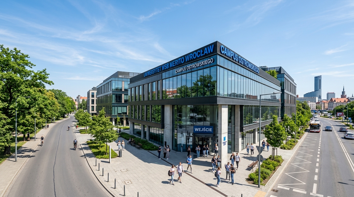 Wide-angle view of the modern University of Business in Wroclaw campus building on Ostrowskiego Street, contemporary architecture with glass facades, green trees lining the sidewalk, students walking near the entrance, clear blue sky over Wroclaw cityscape