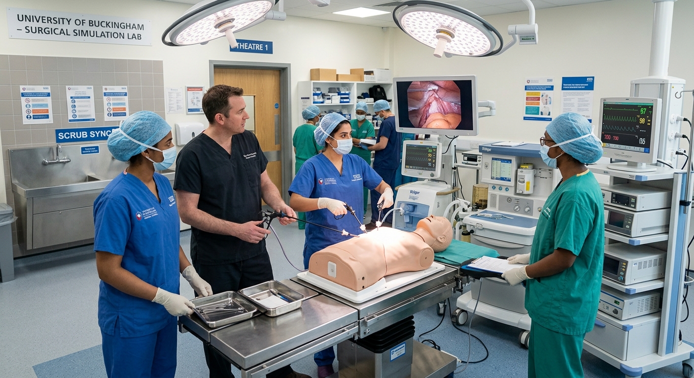 Modern surgical training facility at the University of Buckingham, medical trainees in scrubs practicing procedures in a well-equipped operating theatre simulation lab, bright clinical lighting, NHS hospital placement setting in Buckinghamshire, United Kingdom