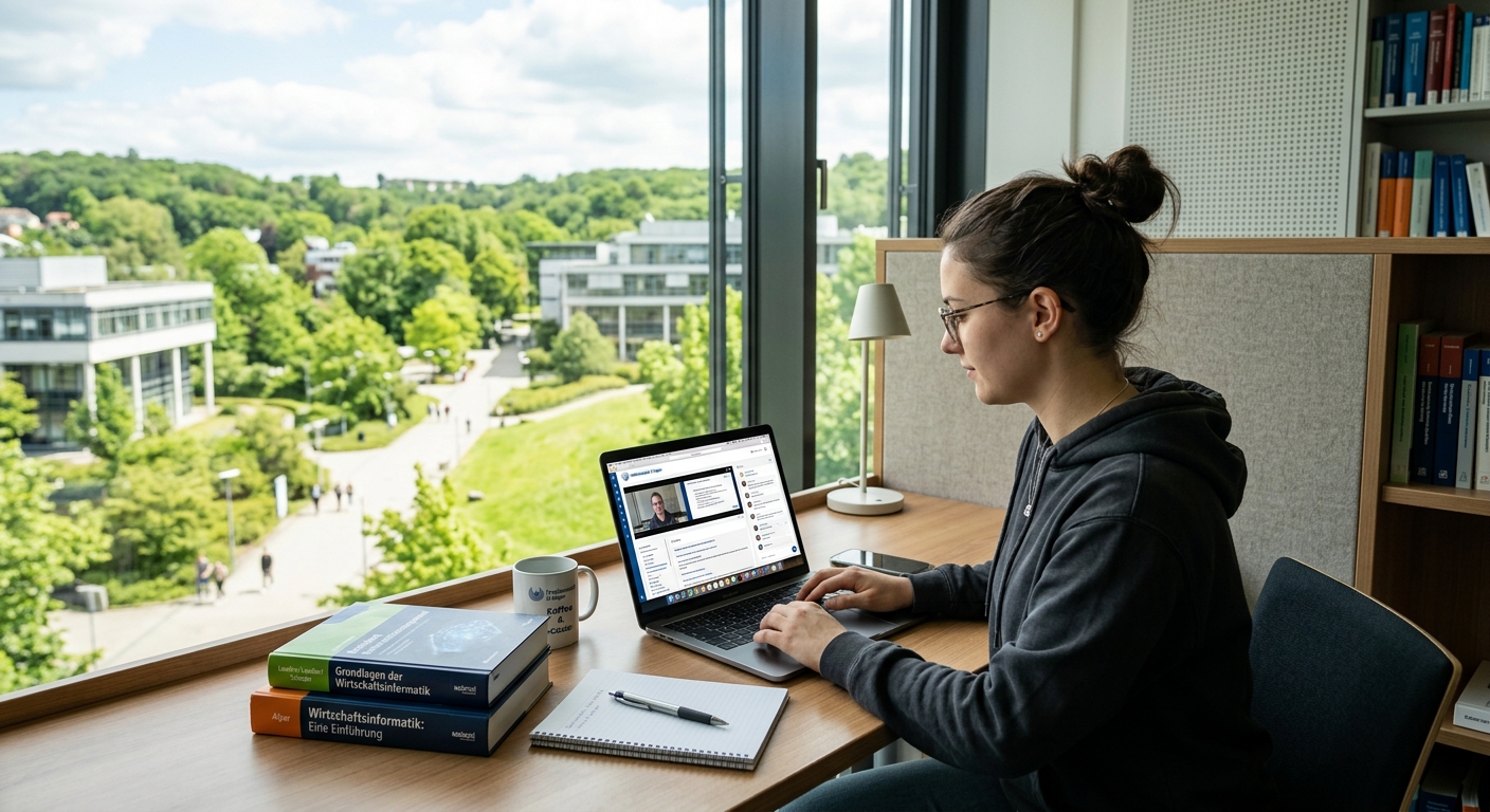 Modern digital learning environment at FernUniversität in Hagen, Germany, showing a student studying on a laptop with virtual classroom interface, books on business information systems, and the green campus of Hagen visible through a window