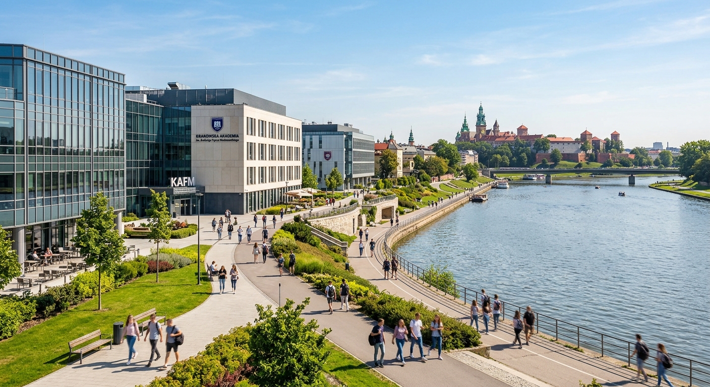 Modern university campus of Andrzej Frycz Modrzewski Krakow University with contemporary buildings along the Vistula River, students walking on pathways, green spaces, and the Krakow cityscape in the background under clear skies
