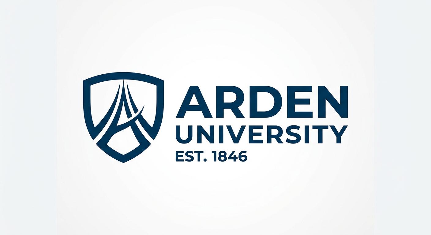 Arden University official logo, dark blue text with stylized shield emblem, clean modern design on white background