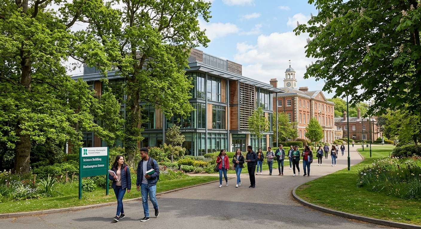 University of Roehampton parkland campus in southwest London, modern science laboratory building surrounded by lush green trees, students walking along pathways with Georgian architecture in background