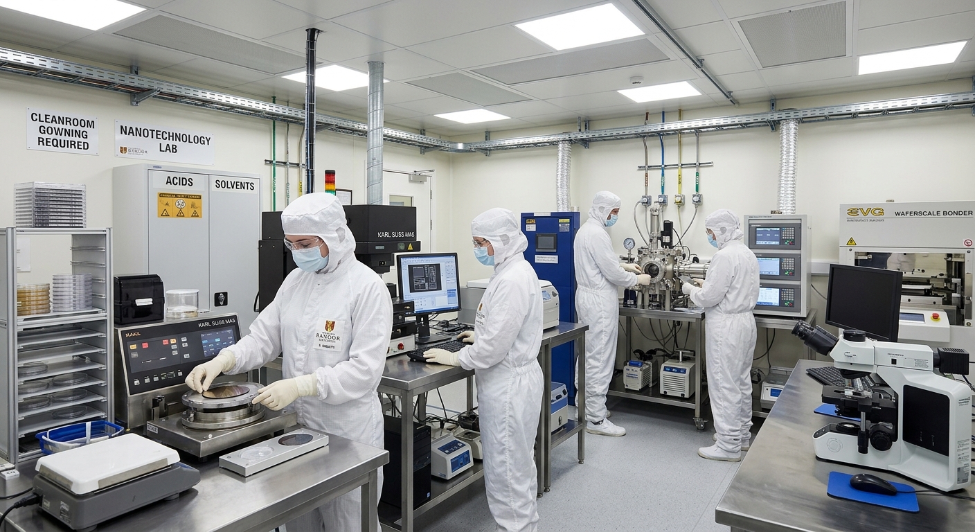 Modern clean room laboratory at Bangor University with students in protective suits working on nanotechnology microfabrication equipment, bright fluorescent lighting, high-tech semiconductor processing tools visible