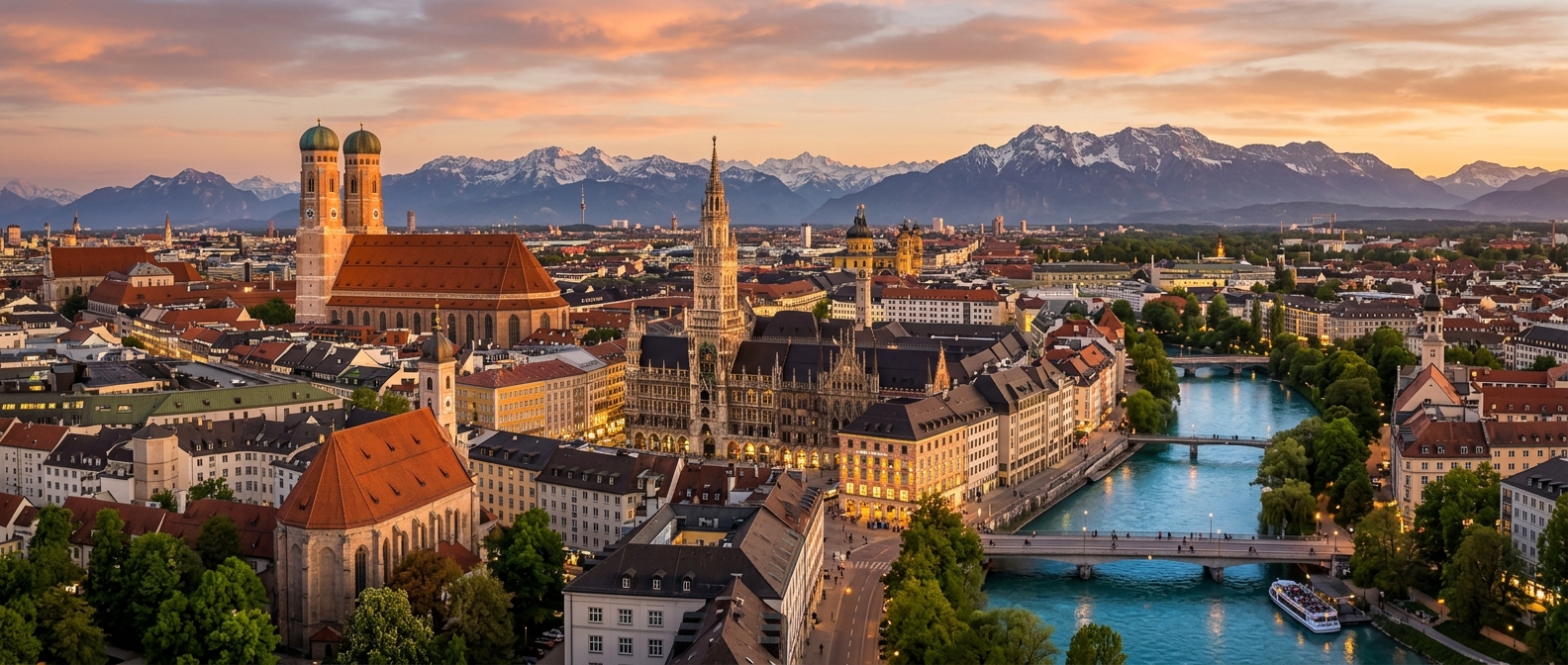 Munich city skyline panoramic view, Frauenkirche twin towers, Marienplatz town hall, Alps visible in the background, Isar River flowing through the city, warm golden hour light