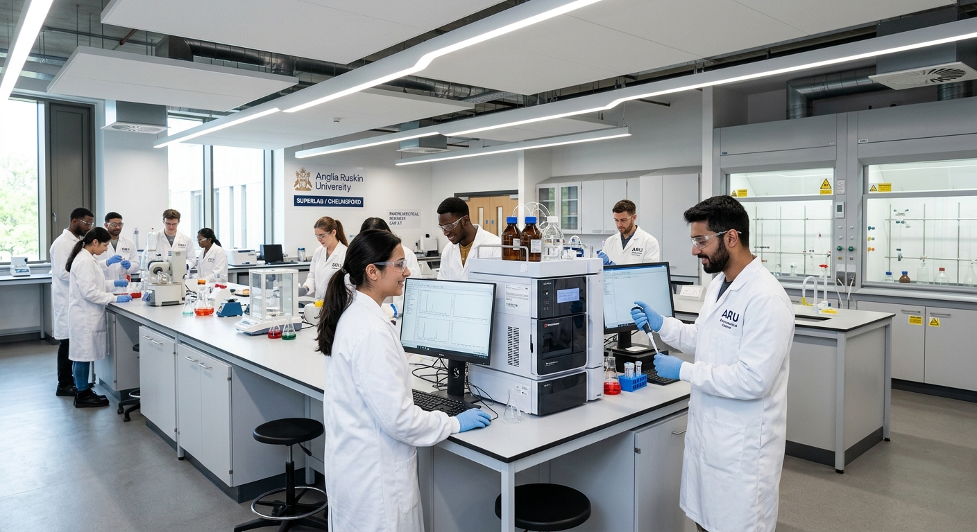 Modern science laboratory at Anglia Ruskin University Chelmsford campus, students in white lab coats working with pharmaceutical equipment, bright lighting and contemporary lab benches with analytical instruments
