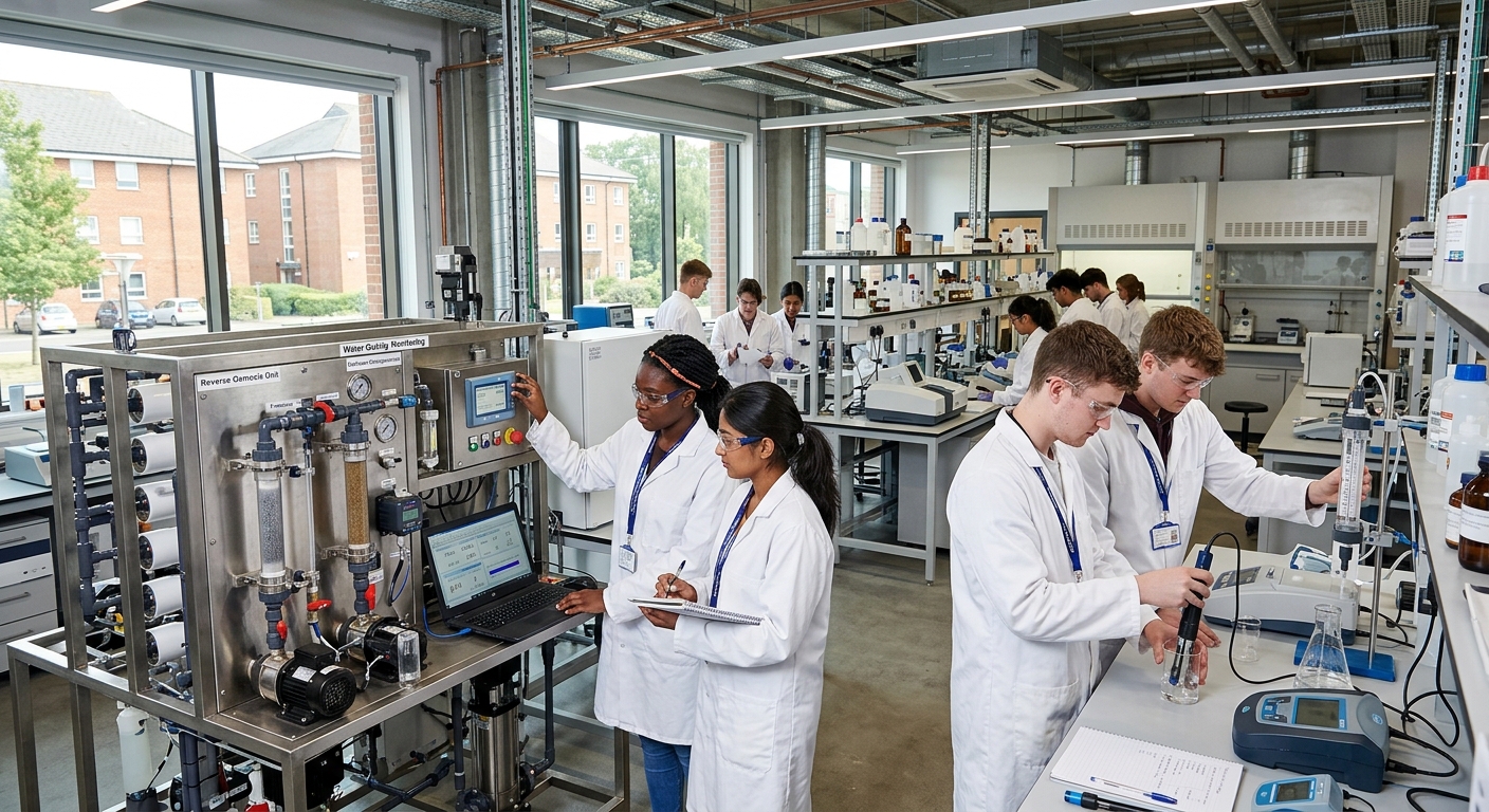 Modern engineering laboratory at University of Greenwich Medway Campus, students working with water treatment equipment and environmental monitoring instruments, industrial-style lab with natural light and technical apparatus
