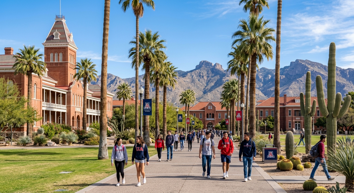 University of Arizona campus in Tucson with red brick buildings, desert landscape with saguaro cacti, clear blue sky, and mountain ranges in the background, students walking along palm-lined pathways