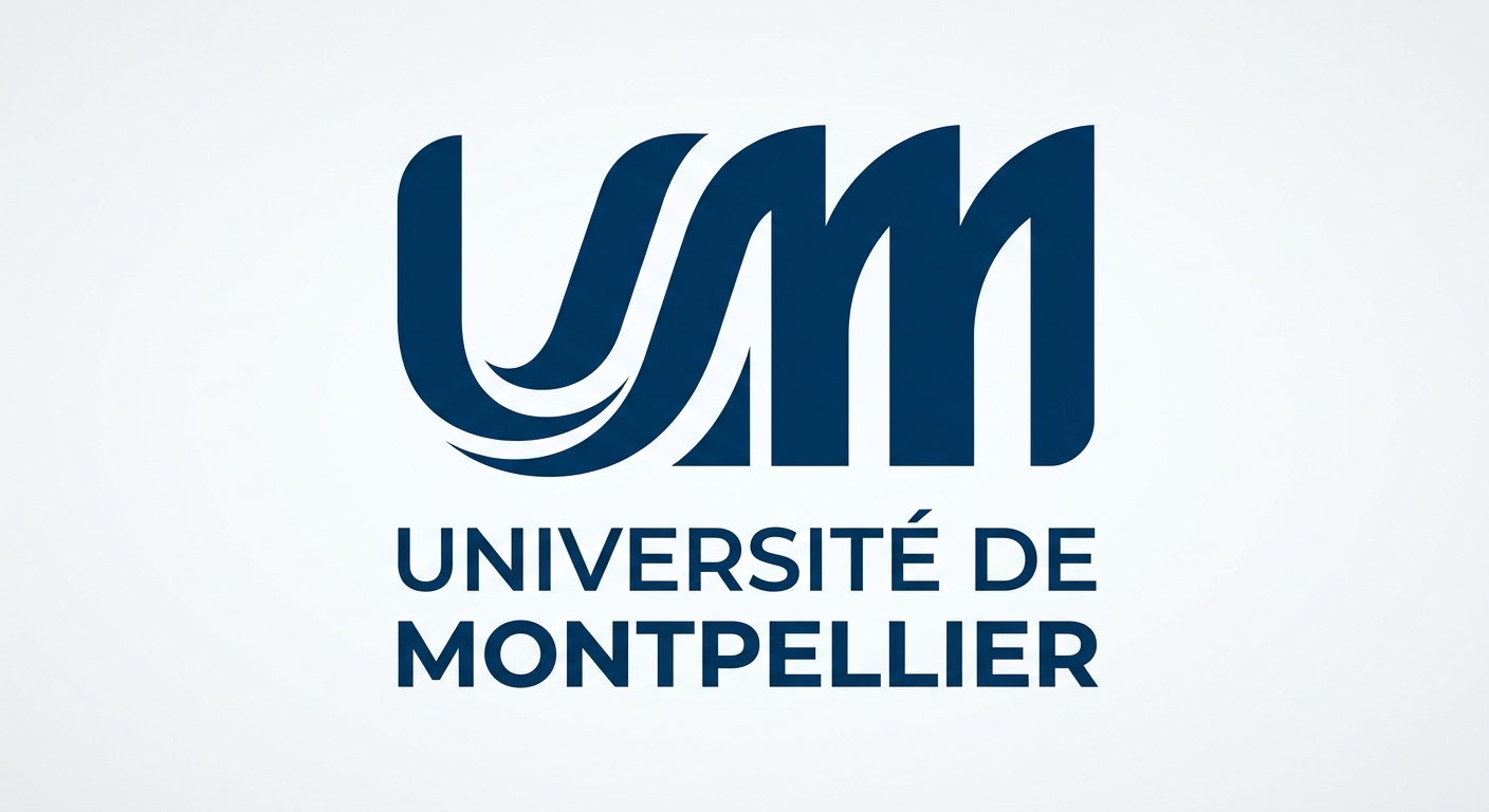 Université de Montpellier official logo, stylized UM monogram in dark blue on white background