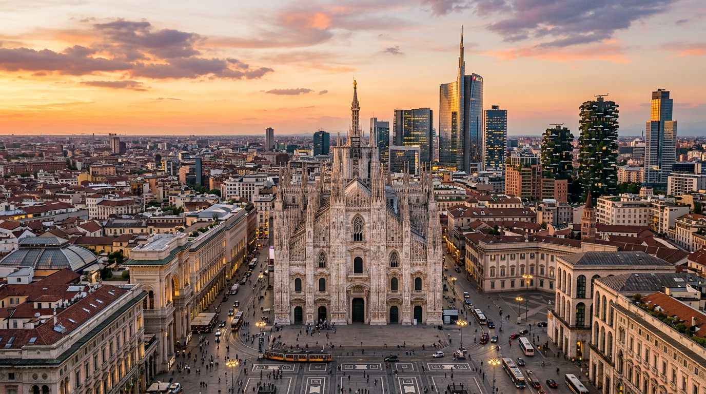 Milan cityscape panorama, Duomo cathedral in center, modern skyscrapers of Porta Nuova district in background, golden hour light, vibrant Italian city