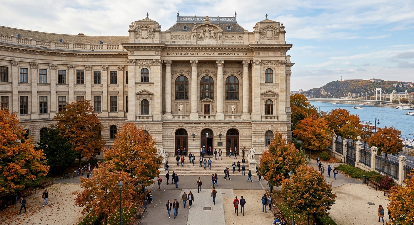 BME main building facade, grand neoclassical architecture with columns, students walking in the courtyard, autumn trees, Danube River visible in background