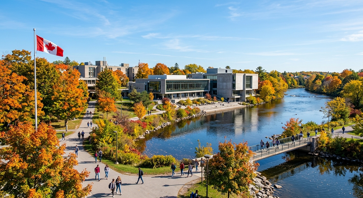Trent University Peterborough campus with modern academic buildings along the Otonabee River, lush green trees, students walking on pathways, Canadian flag, bright autumn day with clear blue sky