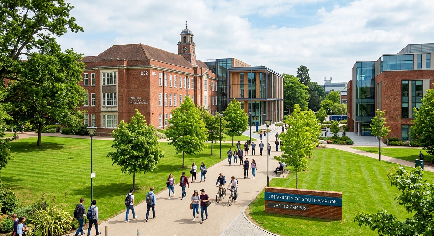 University of Southampton Highfield Campus main entrance, red brick academic buildings with modern extensions, students walking along tree-lined pathways, green lawns in foreground