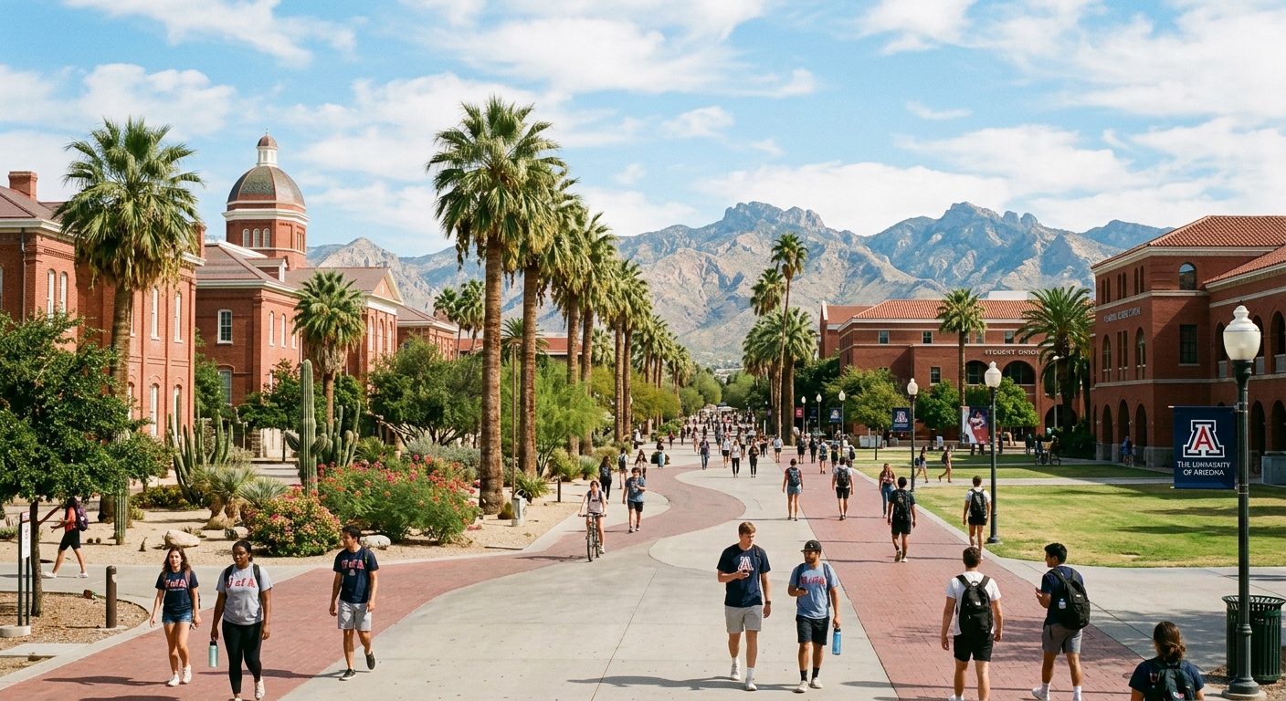 University of Arizona campus in Tucson with red brick buildings, palm trees, and students walking along pathways under a bright desert sky with the Santa Catalina Mountains in the background