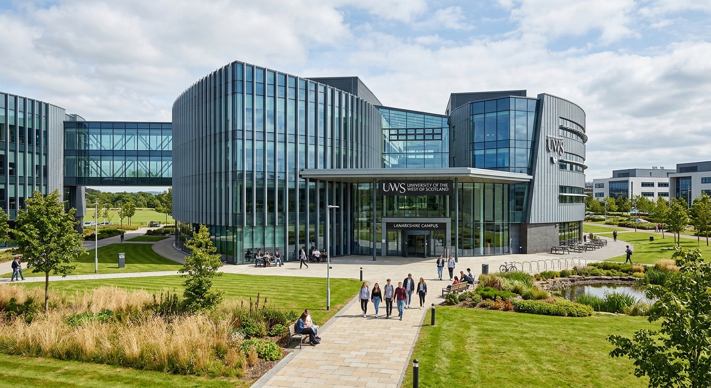 UWS Lanarkshire campus ultra-modern glass and steel building at Hamilton International Technology Park, contemporary design, open grounds