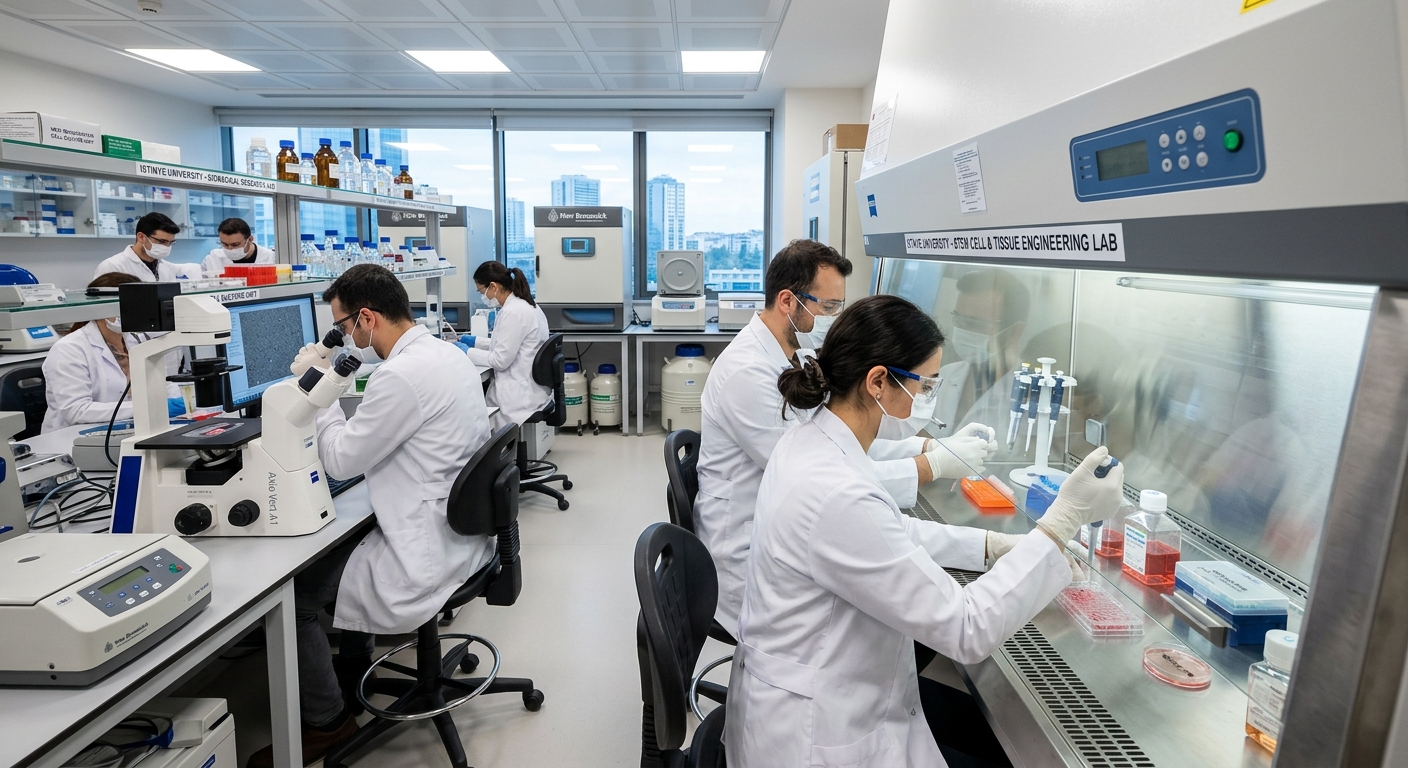 Modern biomedical research laboratory at Istinye University Istanbul, scientists in white lab coats working with stem cell cultures under sterile hoods, microscopes and tissue engineering equipment visible, bright clinical lighting