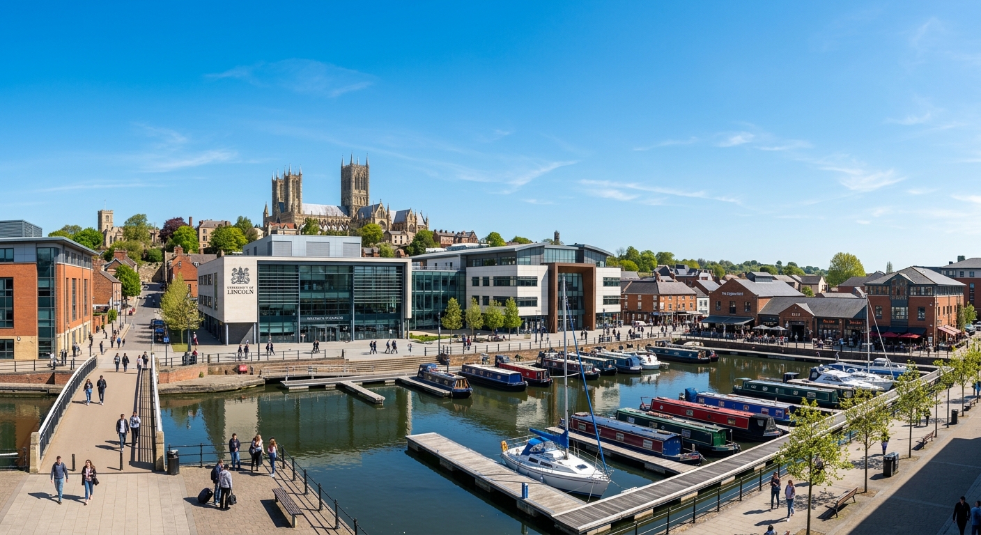 University of Lincoln campus with the historic Brayford Pool waterfront, modern academic buildings, and Lincoln Cathedral visible in the background under a clear sky