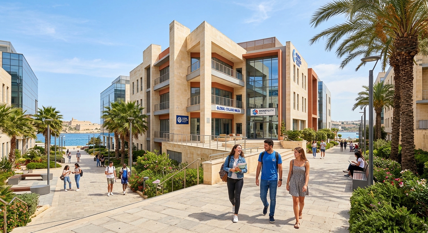 Modern campus building at SmartCity Malta with Mediterranean architecture, palm trees, and students walking along a sunny pathway near the Global College Malta campus in Ricasoli, Kalkara