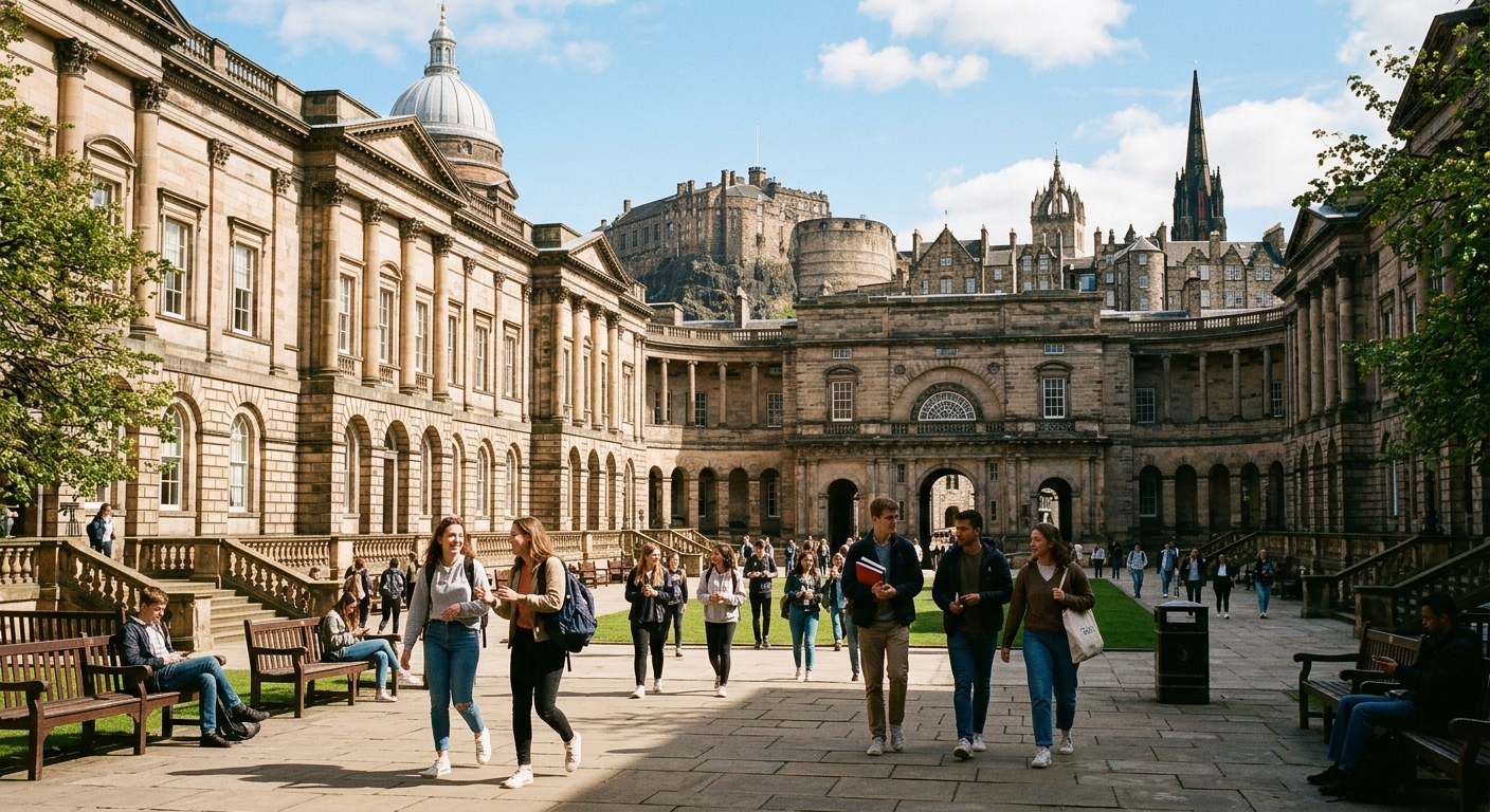 University of Edinburgh historic campus buildings with sandstone architecture, Edinburgh Old Town skyline in background, students walking through George Square courtyard on a sunny day