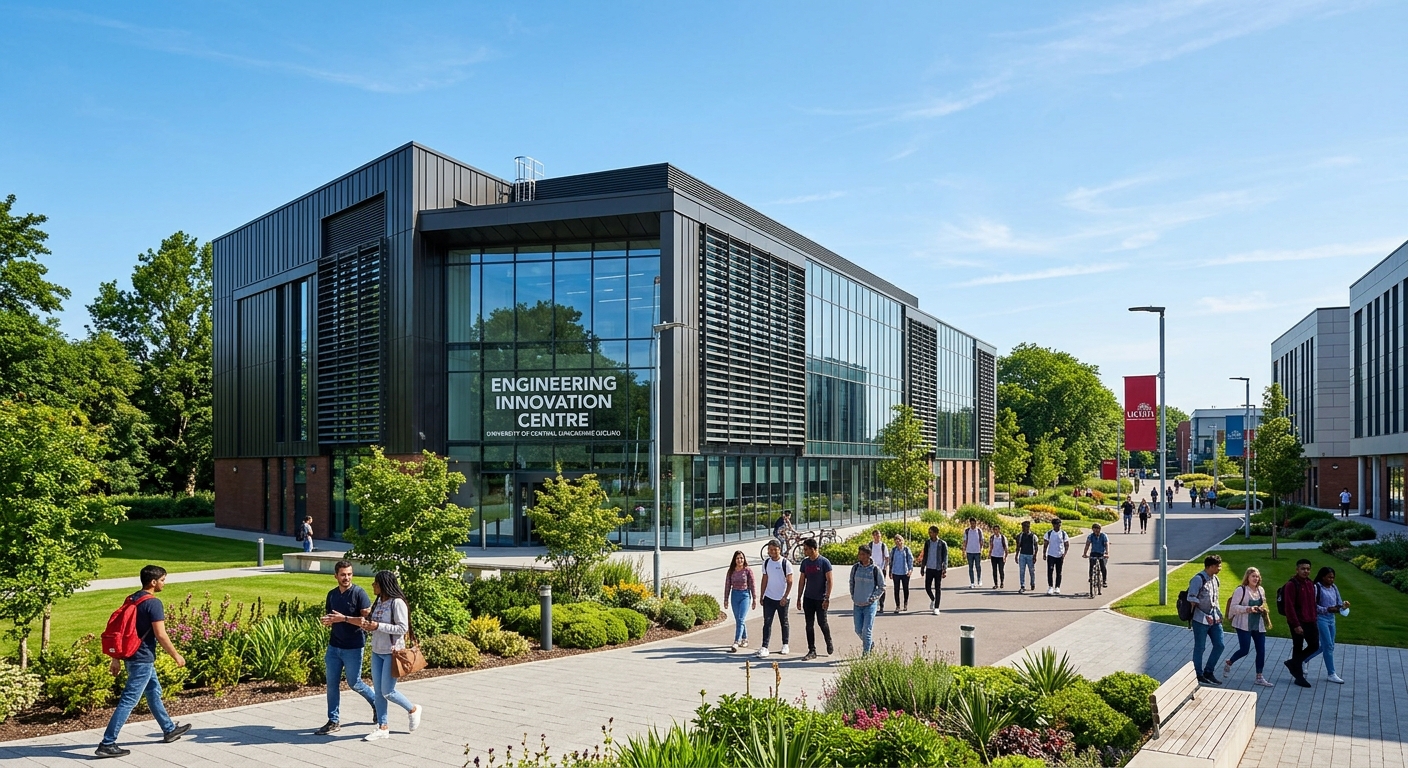 Modern university campus building at the University of Lancashire in Preston, Engineering Innovation Centre with glass facade, students walking on pathways surrounded by green landscaping, clear sky