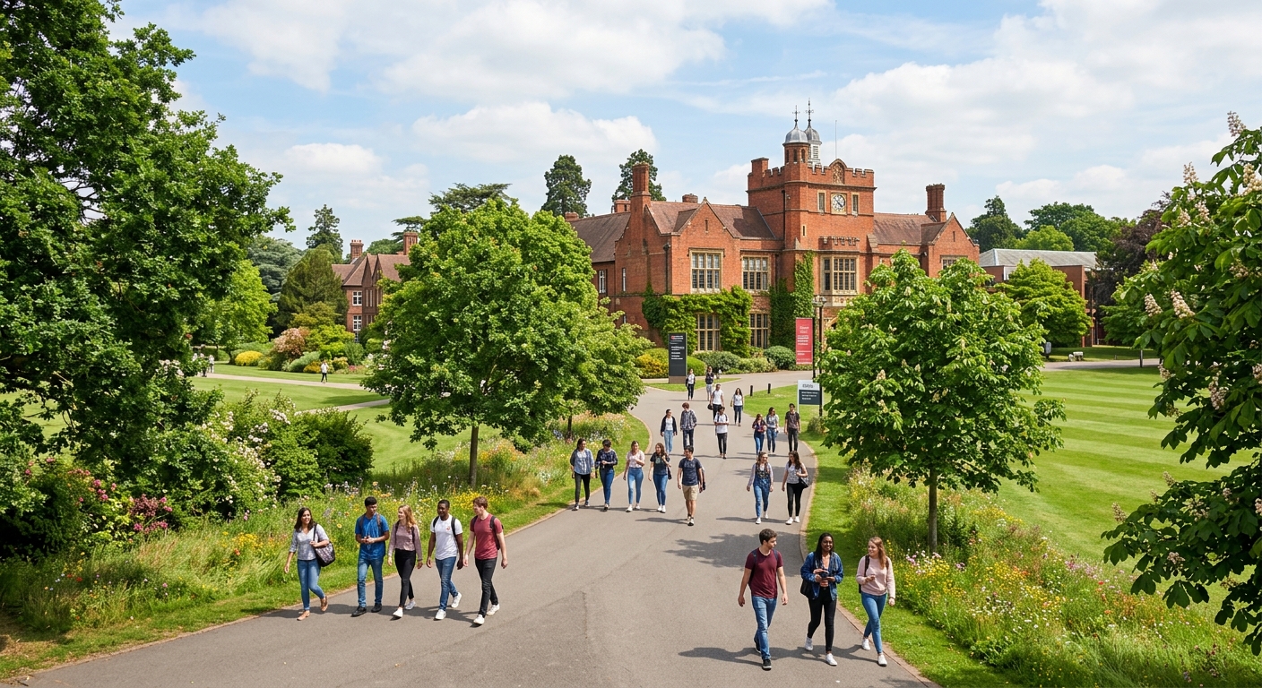 University of Reading Whiteknights campus with red-brick academic buildings surrounded by lush green parkland, students walking along tree-lined paths, bright sunny day in Reading Berkshire England