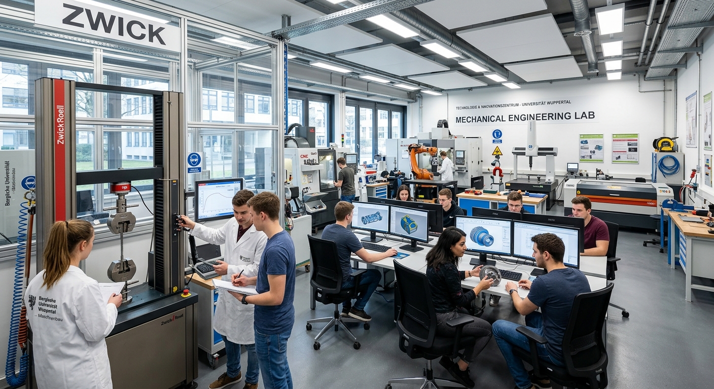 Modern engineering laboratory at the University of Wuppertal, students working with mechanical testing equipment and CAD workstations, industrial machinery in the background, bright overhead lighting