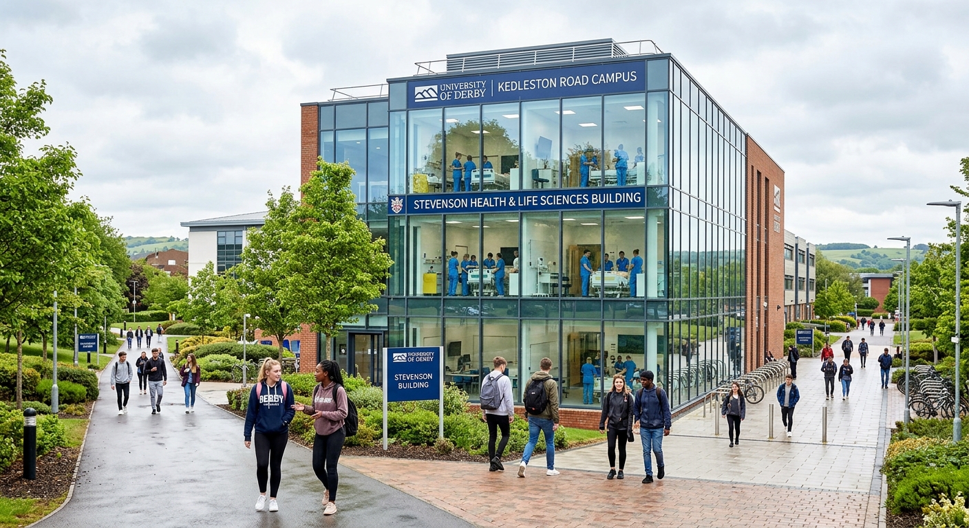 University of Derby Kedleston Road campus with modern health sciences building, clinical skills suites visible through large windows, students walking on tree-lined pathways, bright overcast English sky