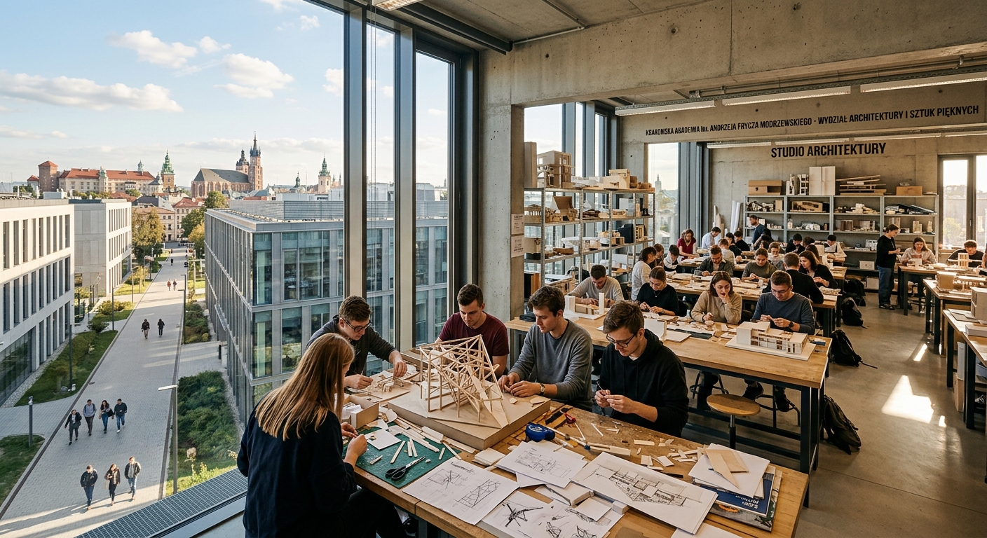 Modern university campus of Andrzej Frycz Modrzewski Krakow University with architectural design studios, students working on models, historic Krakow skyline visible in the background, warm natural light