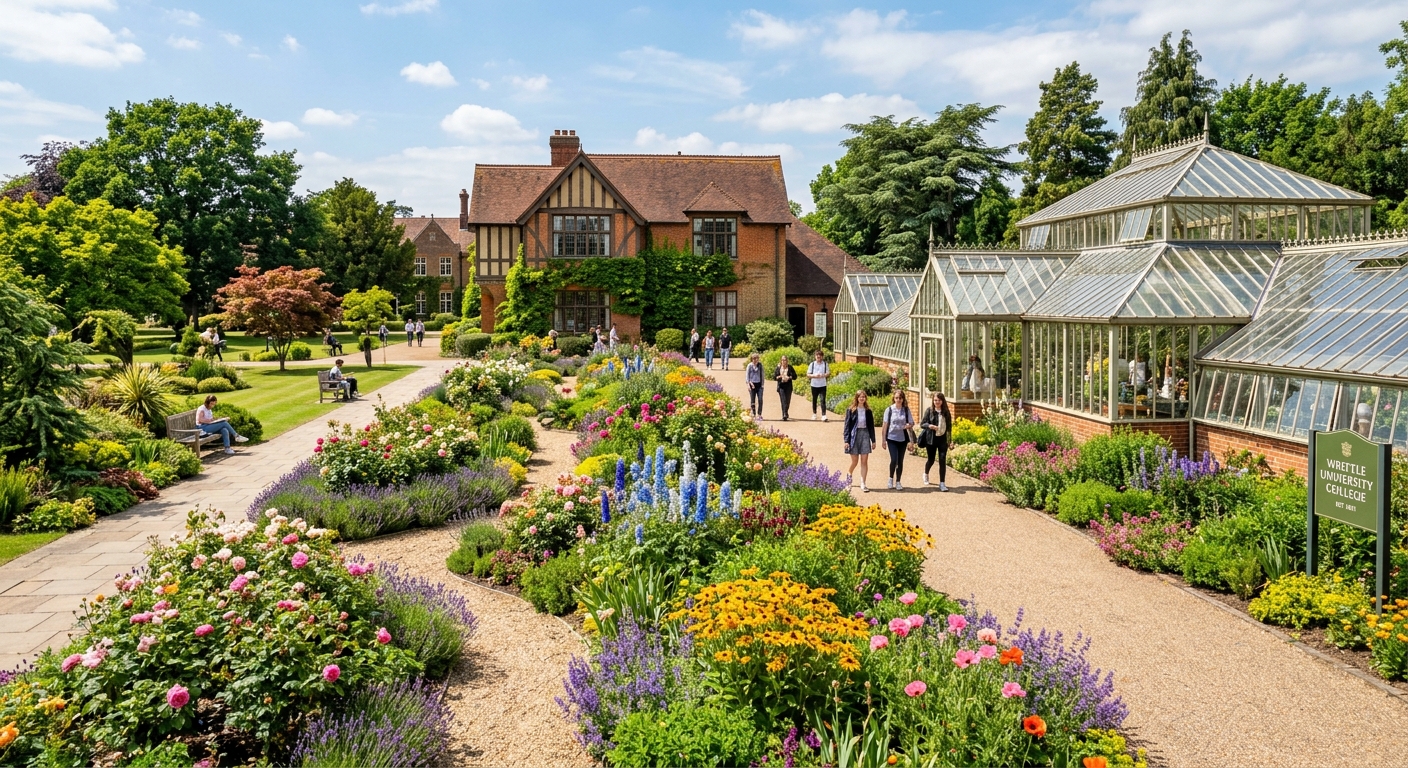 Writtle University College landscaped gardens with flower beds, glasshouses, pathways, and design studios in background, vibrant colours
