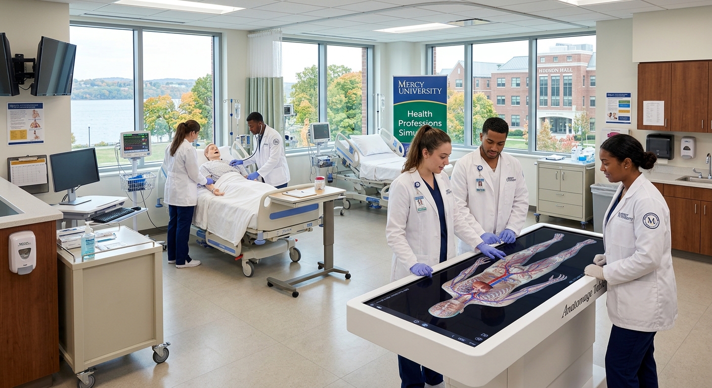 Mercy University campus in Dobbs Ferry, New York, featuring modern healthcare simulation labs with students in white coats practicing clinical skills, Anatomage tables visible, bright professional environment with medical equipment