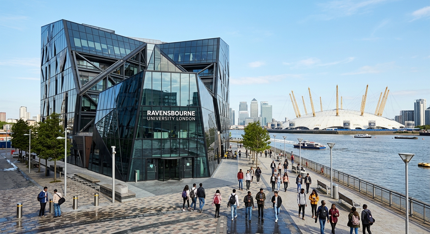 Modern angular glass building of Ravensbourne University London on Greenwich Peninsula with the O2 Arena in the background, students walking along the waterfront promenade under a clear sky