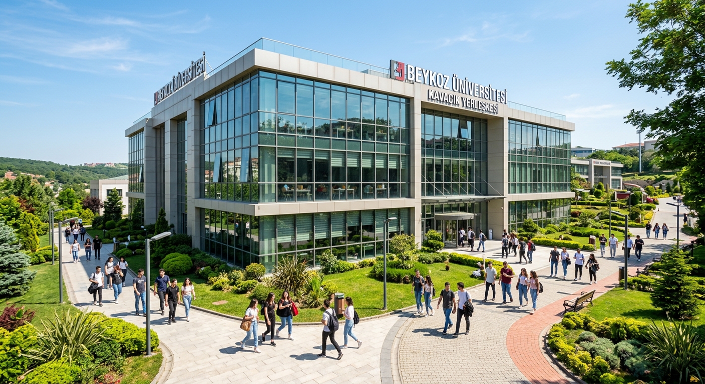 Beykoz University Kavacık main campus building, modern architecture with glass facade, green landscaping, students walking on pathways, sunny day