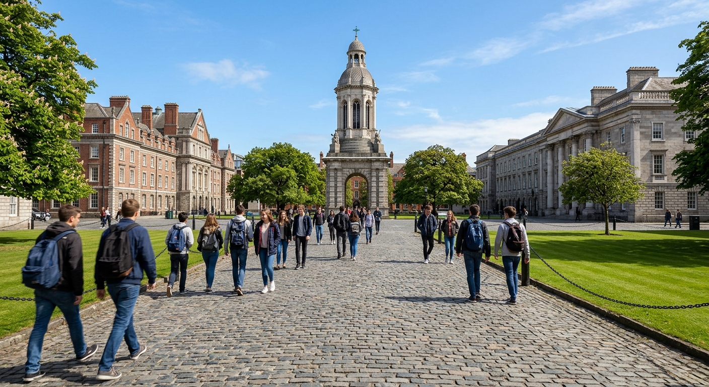 Historic Trinity College Dublin campus with cobblestone courtyard, Georgian architecture, green lawns, and the iconic Campanile bell tower under a clear sky, with students walking across the grounds