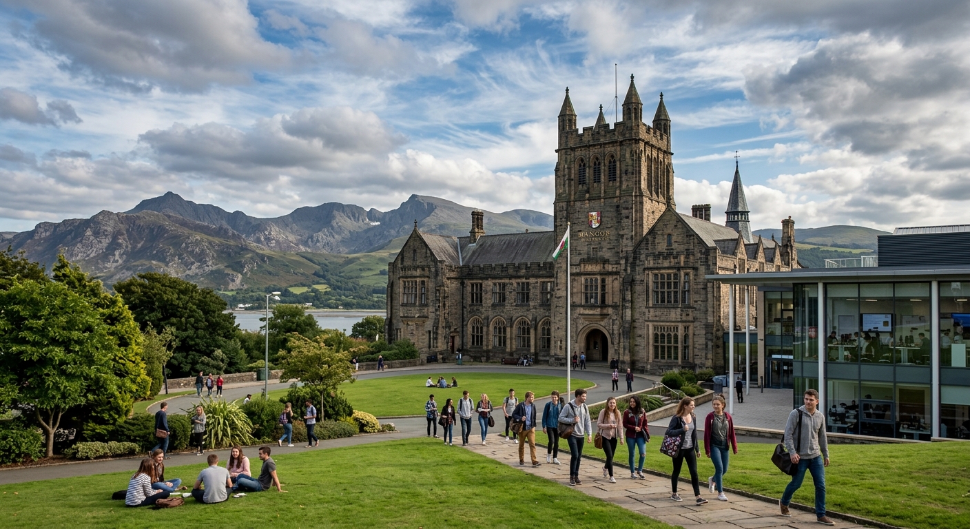 Bangor University main building with mountain backdrop in North Wales, students walking across campus green, historic stone architecture with modern computing facilities visible, dramatic Snowdonia landscape in the distance under partly cloudy skies