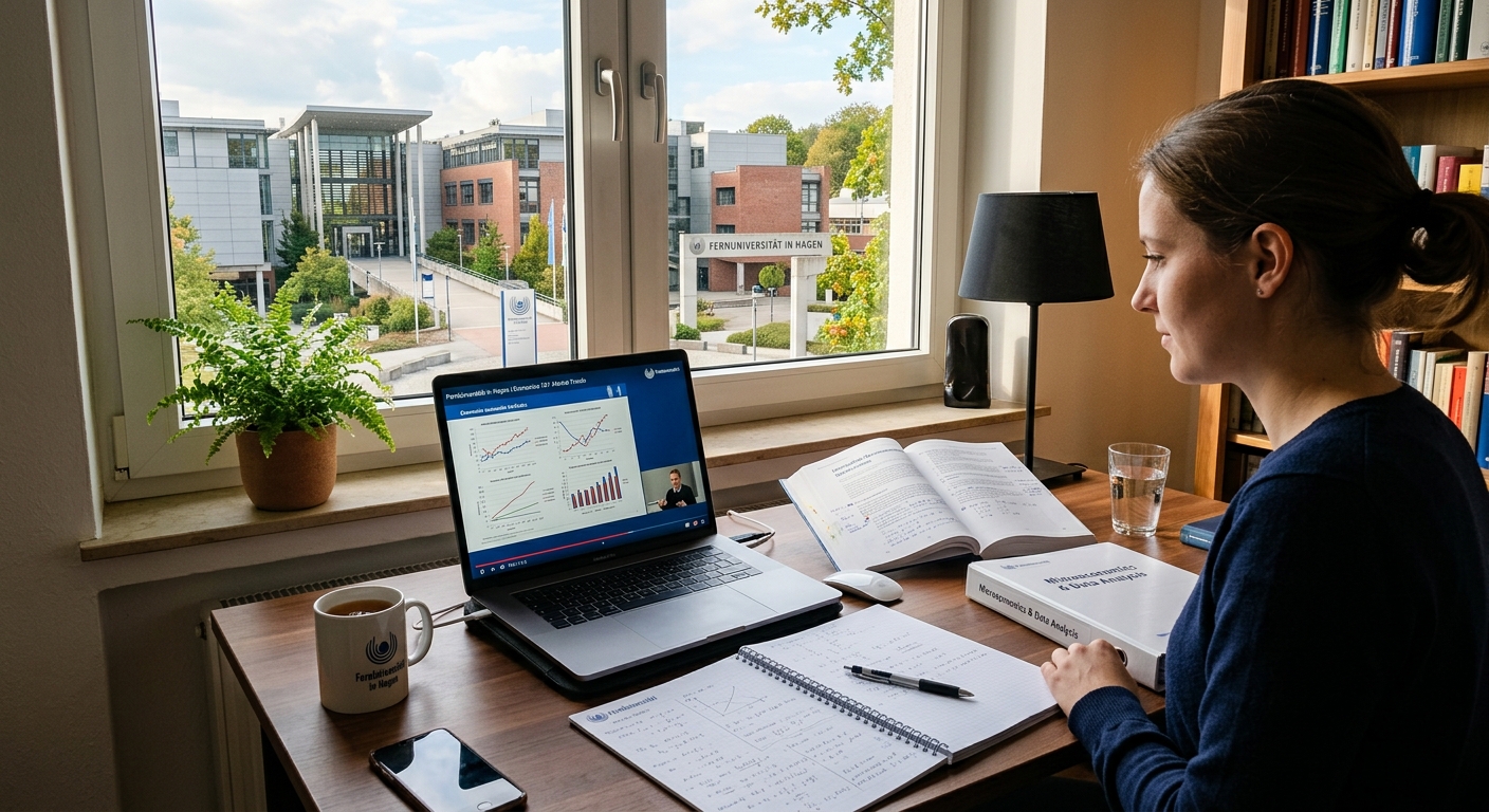 Modern distance learning setup with a laptop displaying economic charts and graphs, study materials on a desk, FernUniversität in Hagen campus building visible through a window, warm natural lighting, professional academic atmosphere
