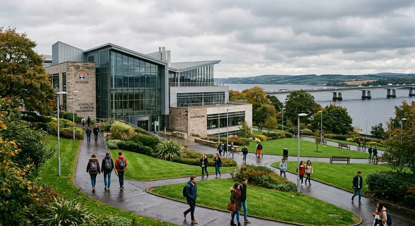University of Dundee School of Science and Engineering building with modern architecture, students walking on campus pathways, green landscaped grounds with the River Tay visible in the background, overcast Scottish sky