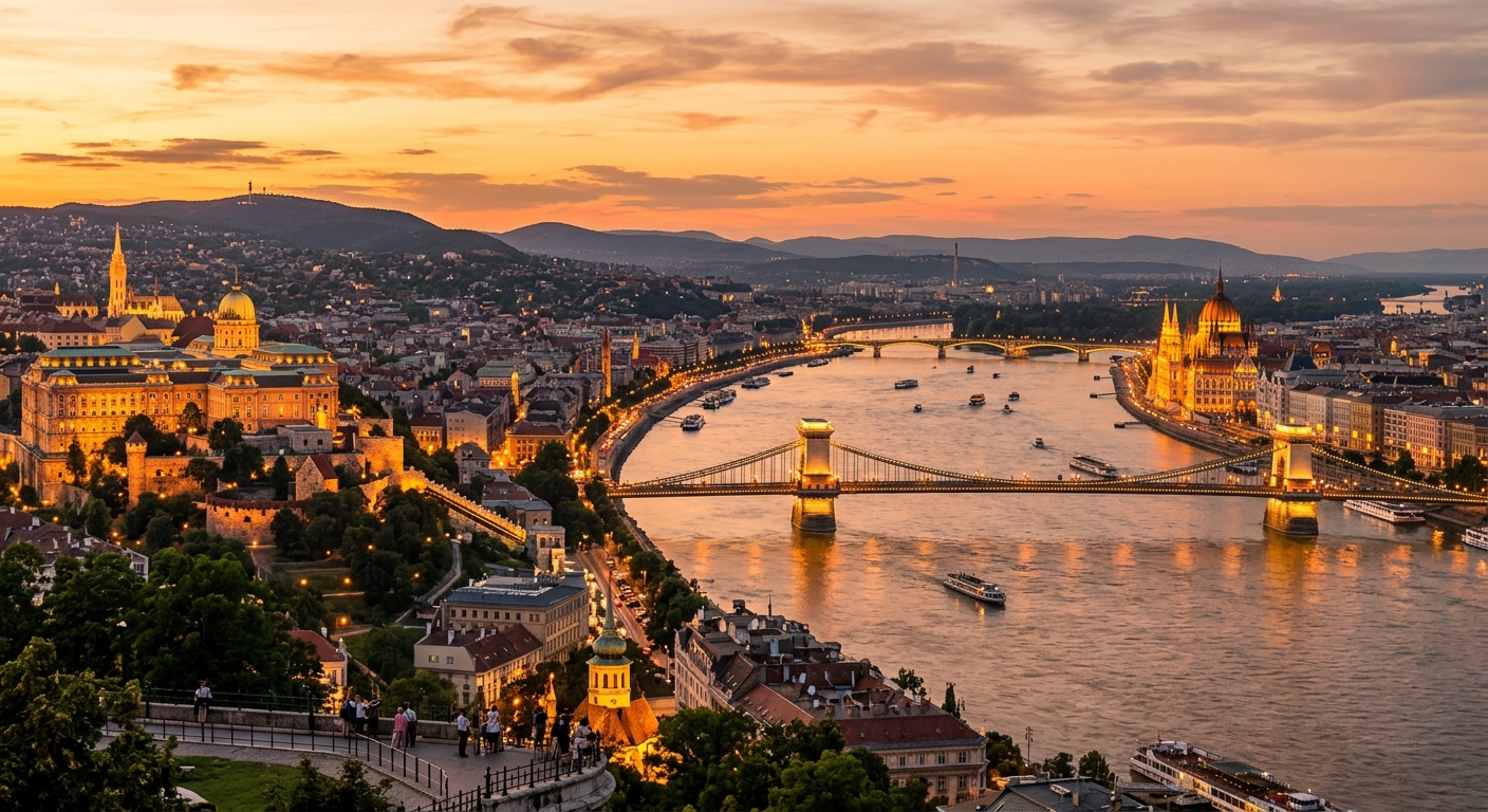 Budapest panoramic cityscape at golden hour, Danube River flowing between Buda and Pest, Chain Bridge illuminated, Hungarian Parliament Building, Buda Castle on hilltop, warm sunset colors reflecting on water