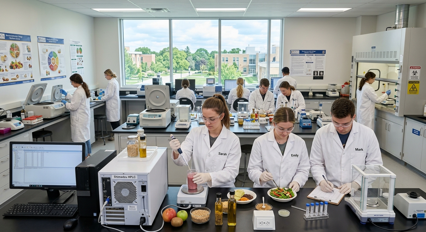 Modern nutrition science laboratory at Brescia University College campus in London Ontario, students in white lab coats analyzing food samples, bright clinical setting with professional equipment
