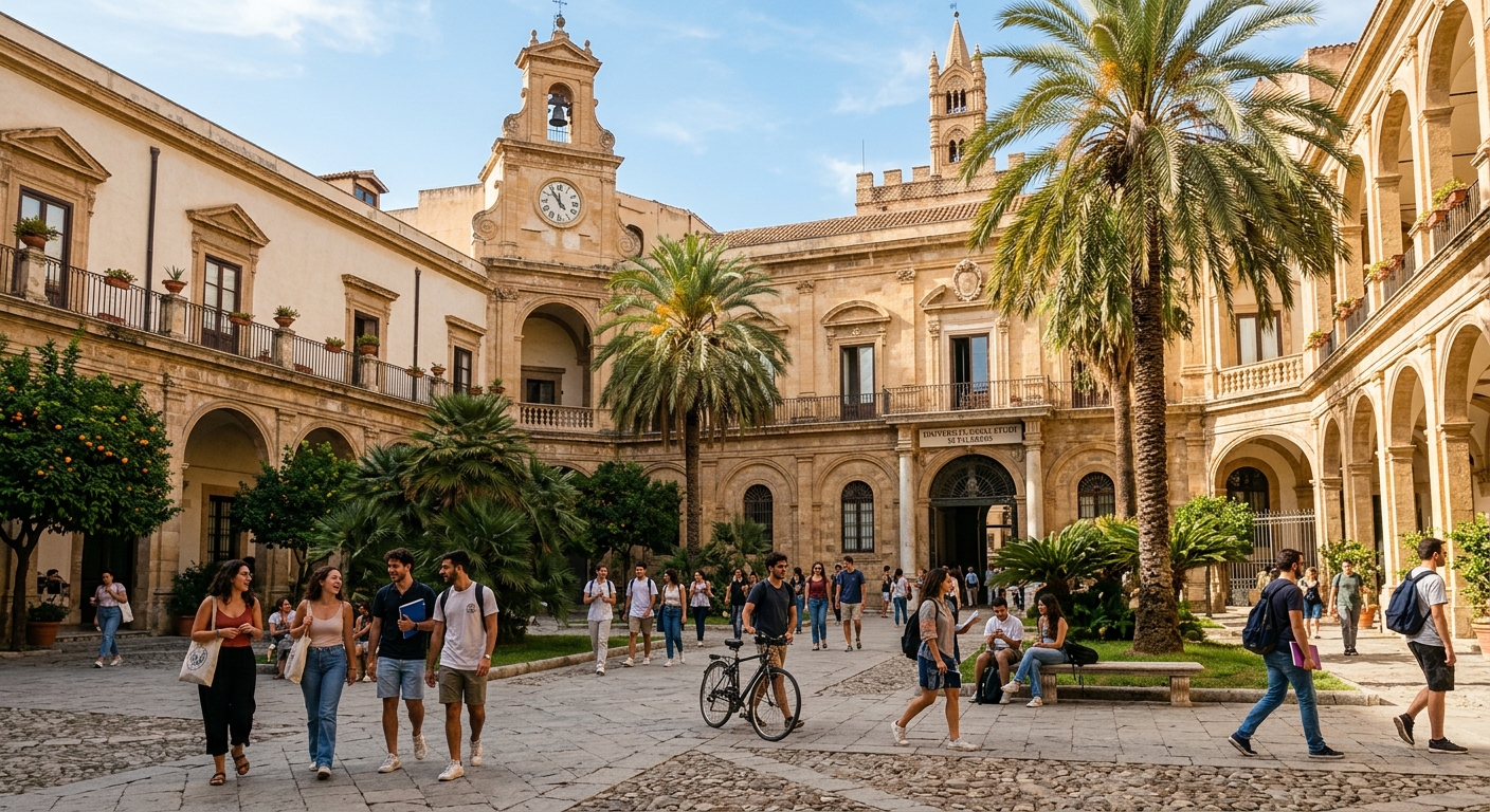 Historic University of Palermo campus building with Mediterranean architecture, palm trees, and students walking through sunlit courtyard in Palermo, Sicily, Italy