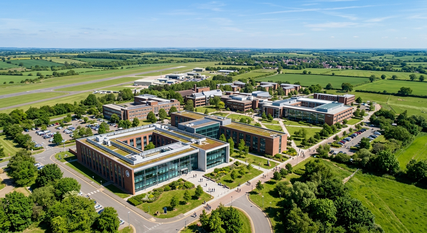 Aerial view of Cranfield University campus in Bedfordshire, England, showing modern business school buildings surrounded by green countryside, students walking between academic facilities under a clear sky