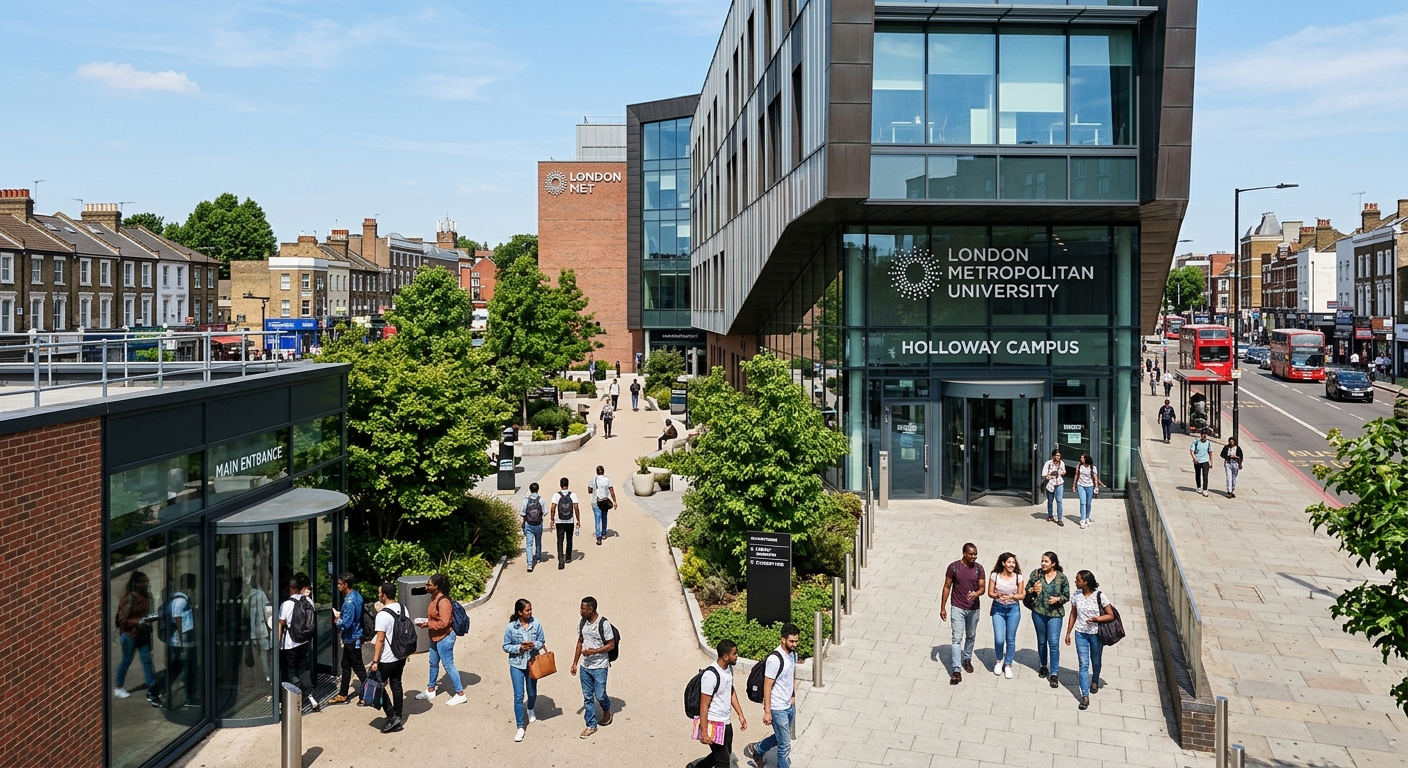London Metropolitan University Holloway campus building exterior with modern architecture, students walking through the entrance courtyard, green trees lining the pathway, clear sky over North London urban setting