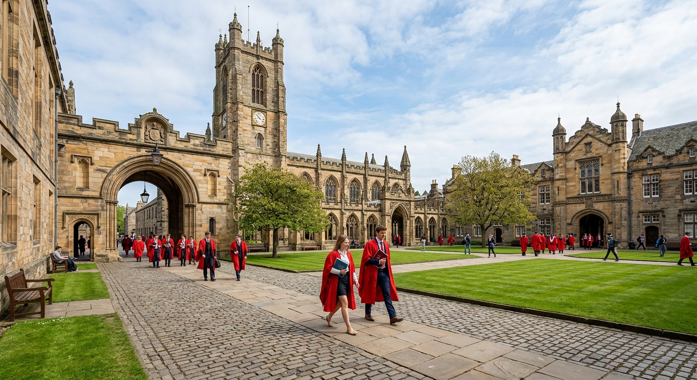 St Salvator's Quadrangle at the University of St Andrews, showing the iconic stone archway entrance and chapel tower, cobblestone courtyard with green lawn, students walking in red academic gowns