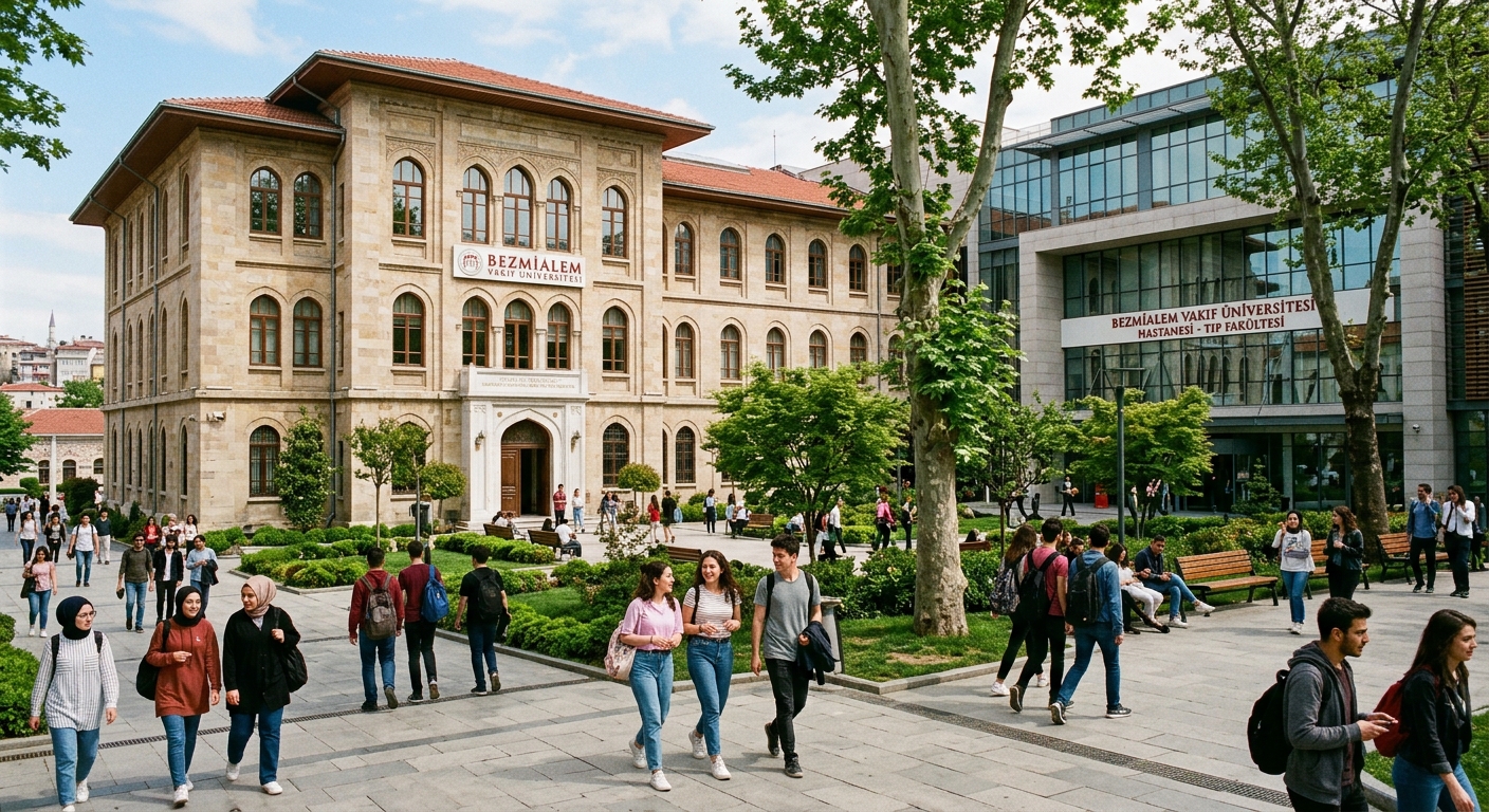 Bezmialem Vakıf University main campus Fatih district, historic stone building with arched windows, modern medical wing attached, green courtyard with trees, students walking