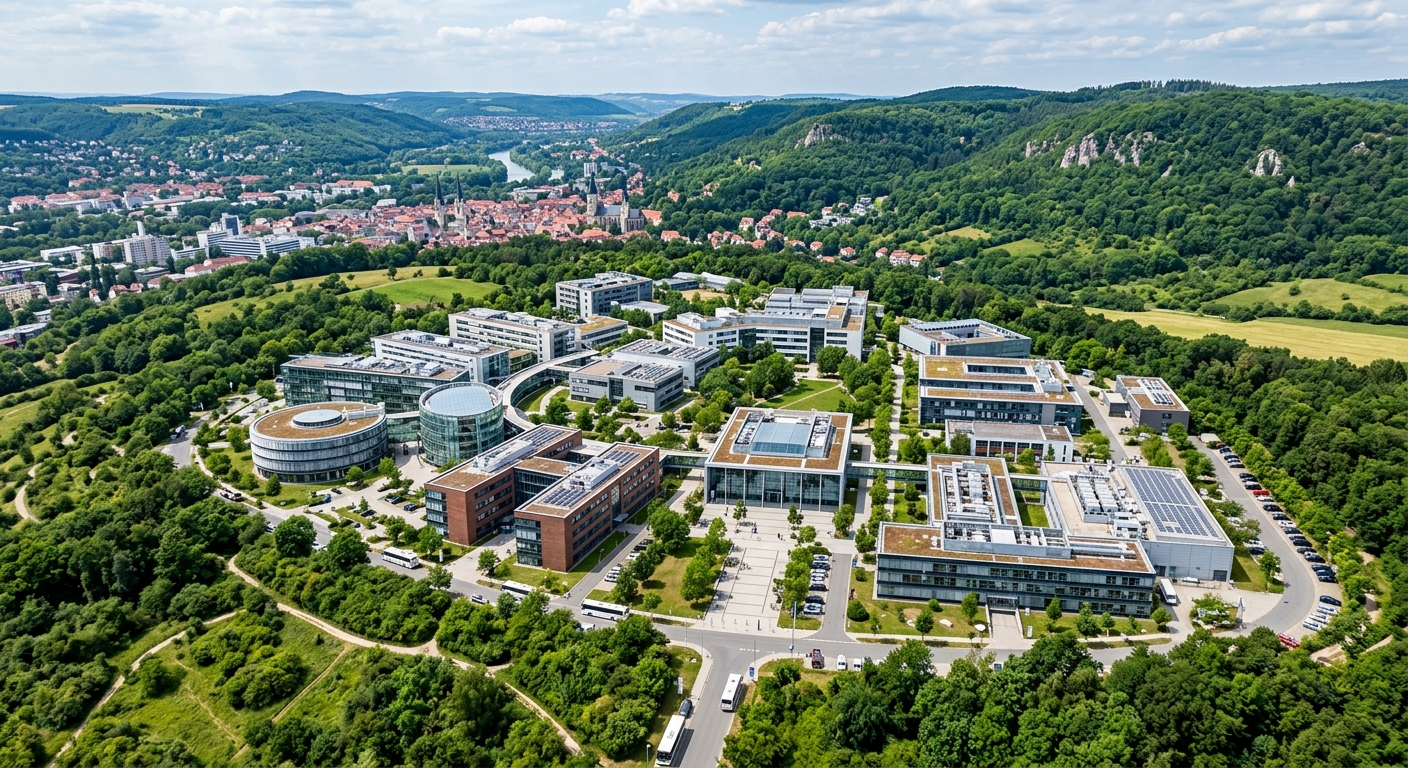 Beutenberg Campus Jena aerial view, modern research institute buildings surrounded by green hills, laboratories and high-tech facilities