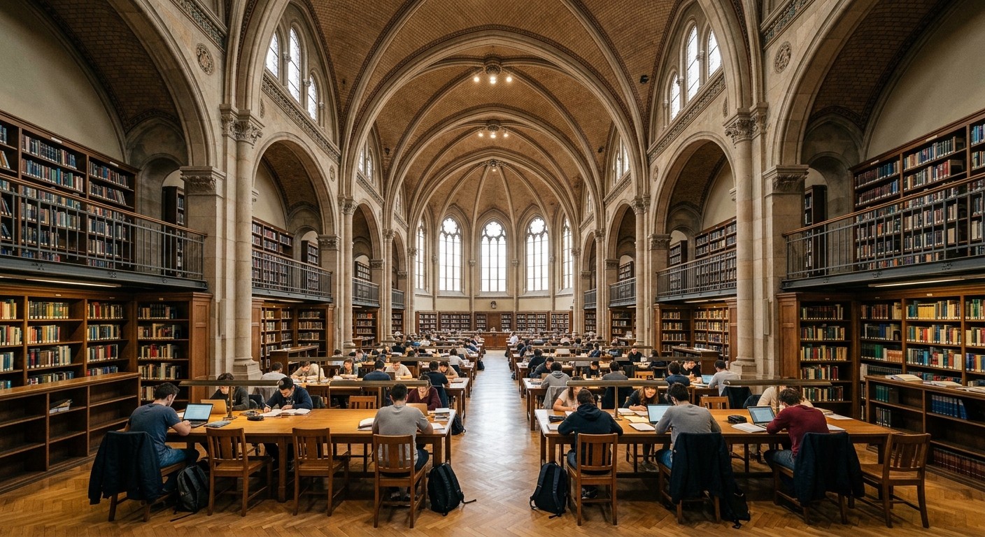 BME National Technical Information Centre and Library interior, cathedral-like reading hall with arched ceilings, rows of bookshelves, students studying at desks