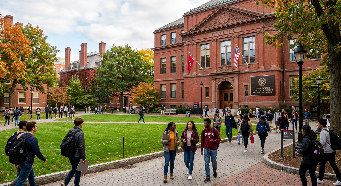 Harvard University campus in Cambridge, Massachusetts, with red brick buildings, green lawns, and students walking near the John A. Paulson School of Engineering and Applied Sciences