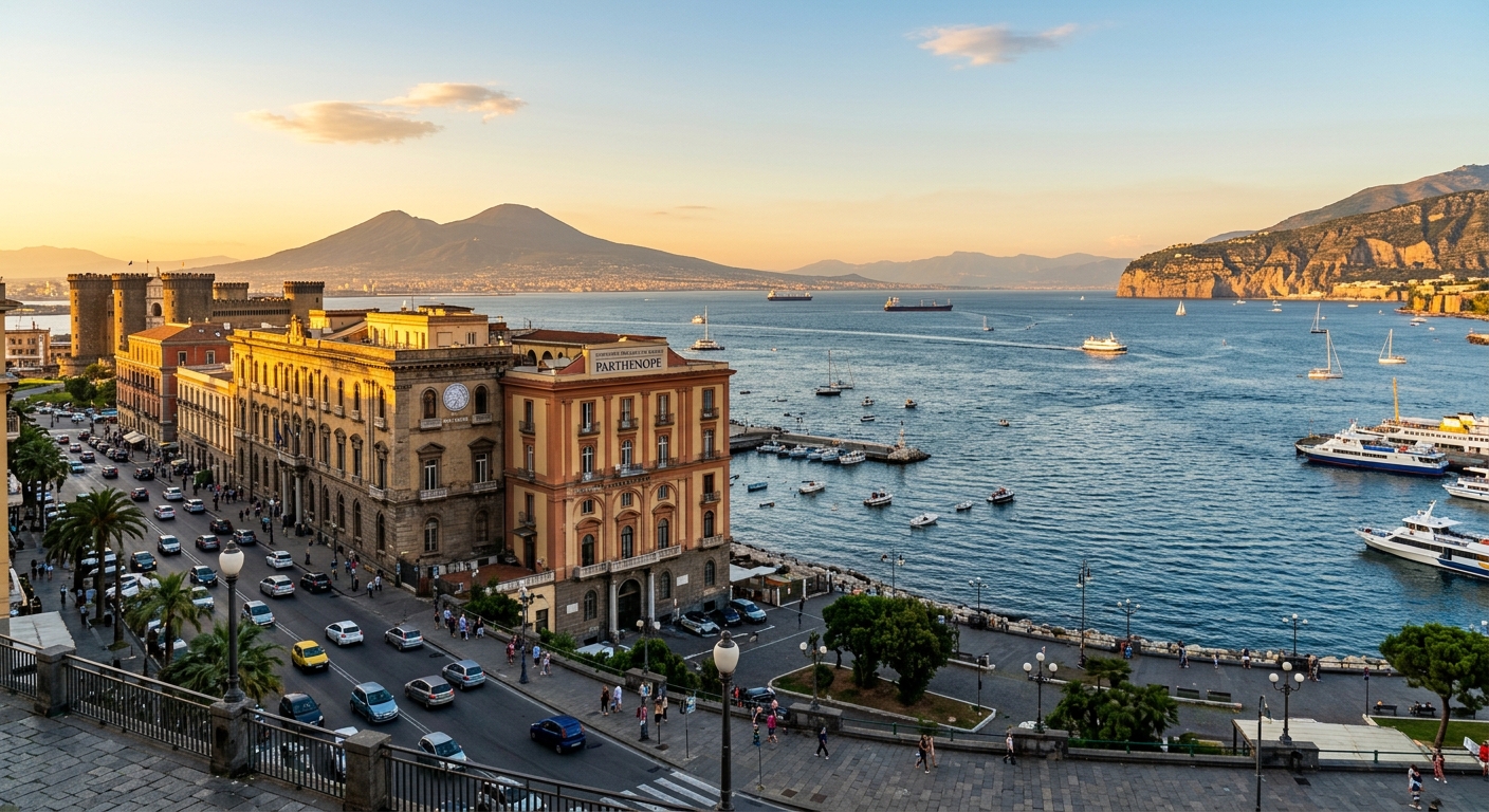 Parthenope University of Naples waterfront campus with historic buildings along Via Acton, Gulf of Naples and Mount Vesuvius in the background, Mediterranean blue sky, warm golden light